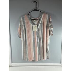 Blue Mood Women’s Casual Blouse Pink Gray Stripe 2XL NEW